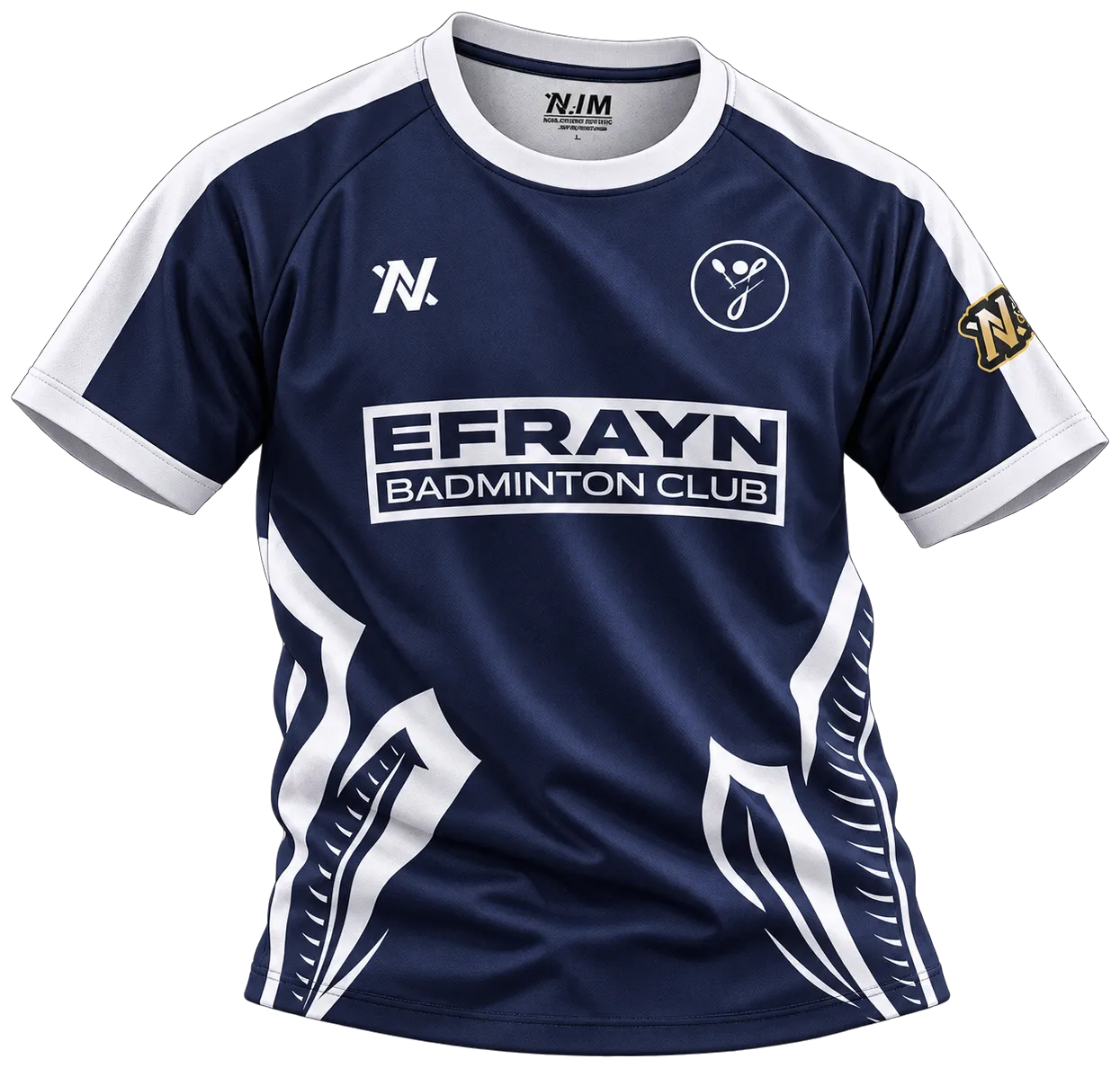 Render studio jersey Efrayn Badminton Club biru dongker dengan grafis dan kerah putih.