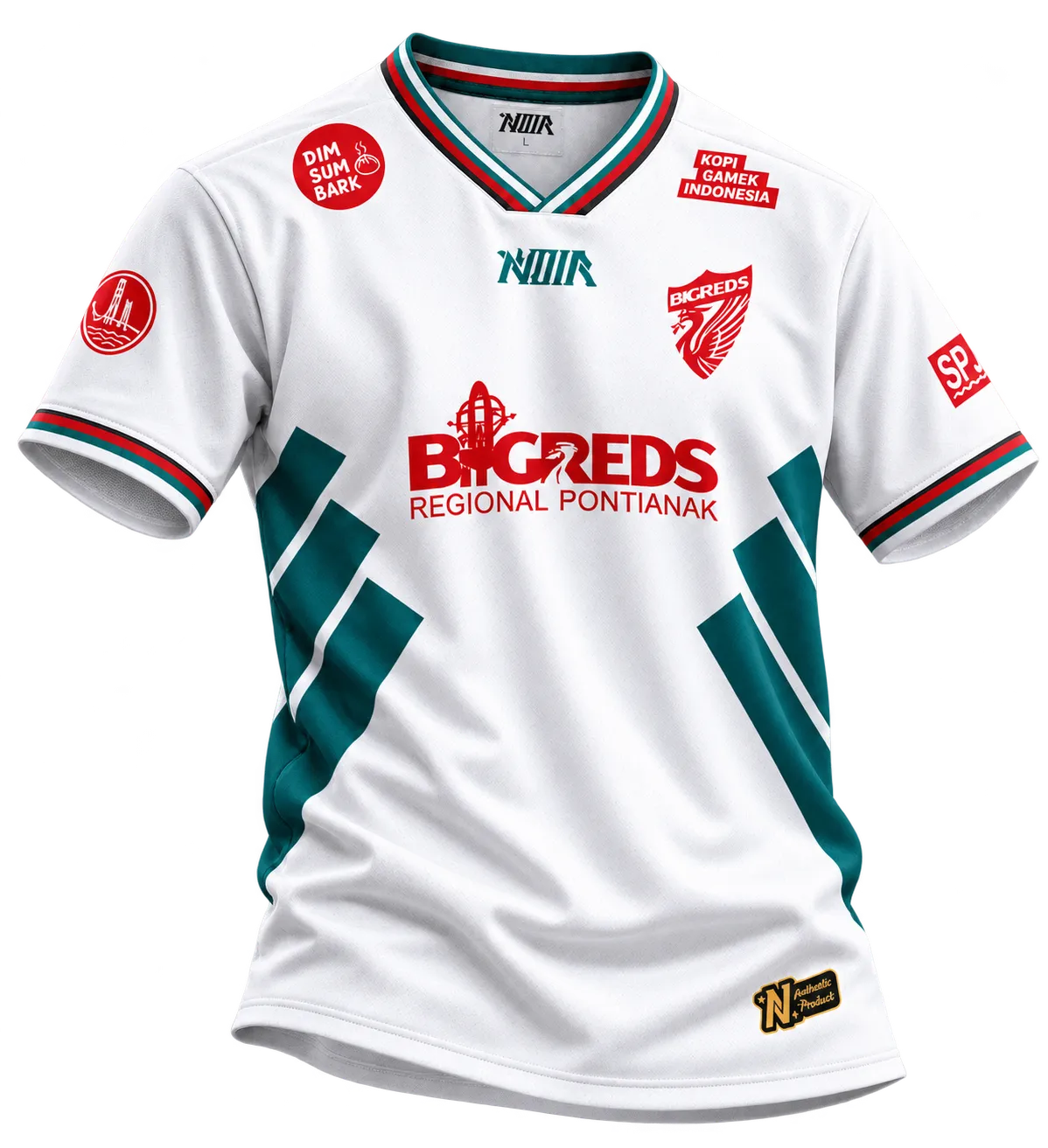 Jersey sepak bola BIGREDS putih dengan panel samping tosca dan artwork merah.