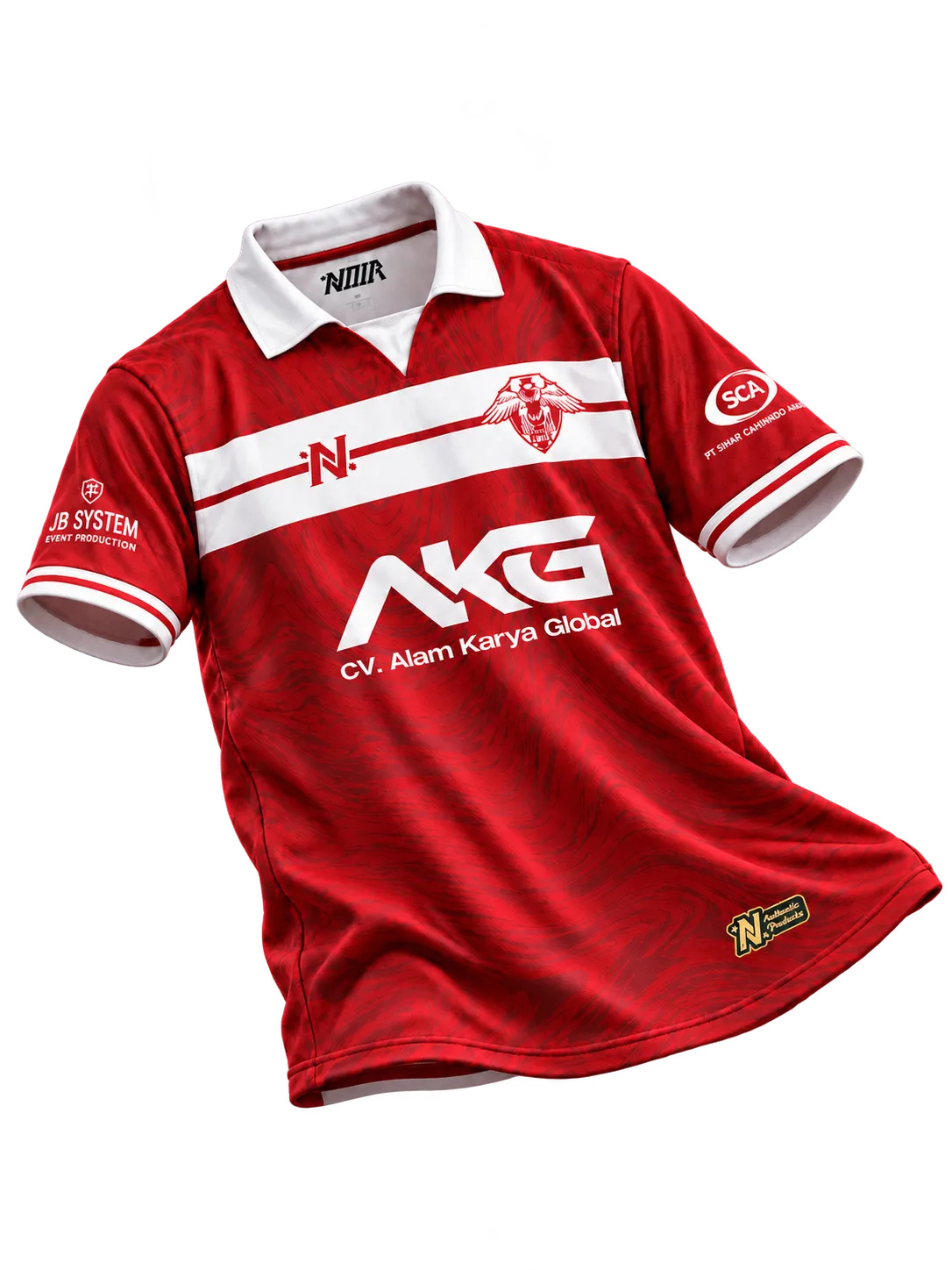 Jersey sepak bola Budak Gang merah dengan kerah polo putih, artwork marmer, dan sponsor AKG.