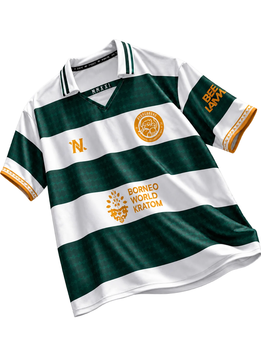 Mockup studio jersey hijau-putih Perngabong, dengan kerah, kain bermotif, dan trim yang terlihat jelas.