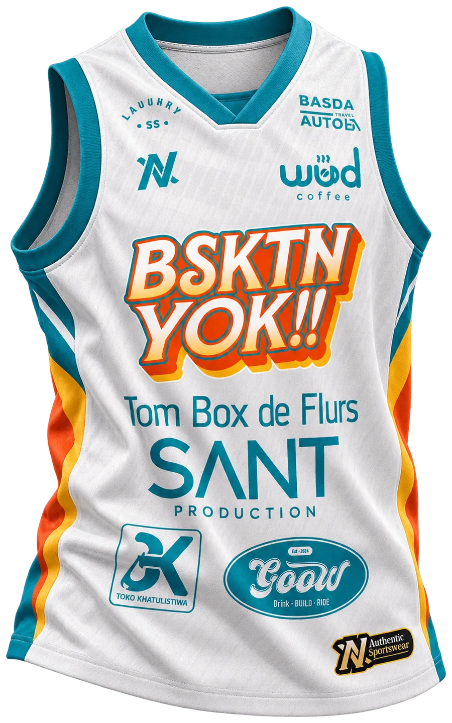 Render studio jersey basket tanpa lengan berwarna putih dan tosca