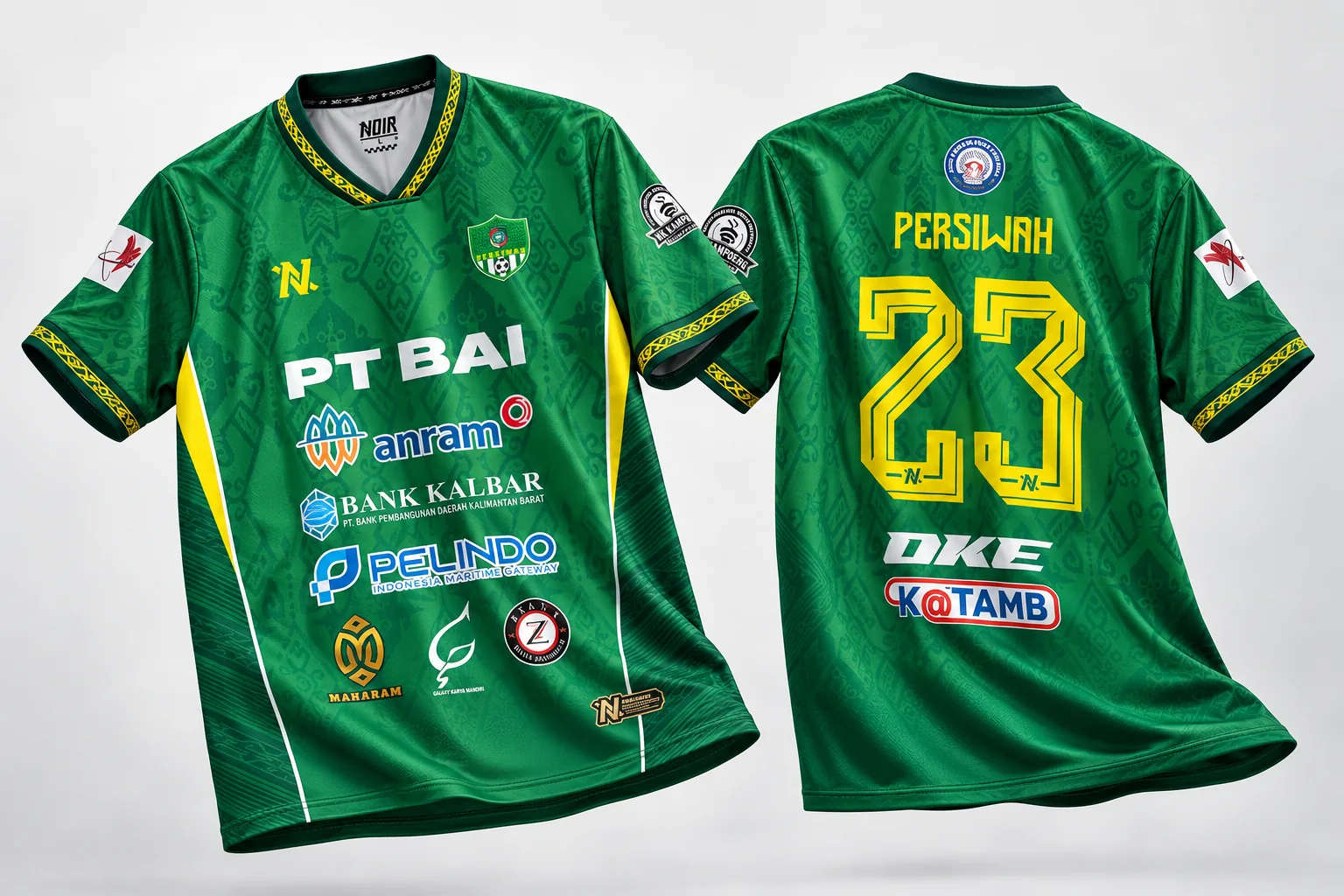 Jersey kandang pemain Persiwah warna hijau, tampak depan dan belakang