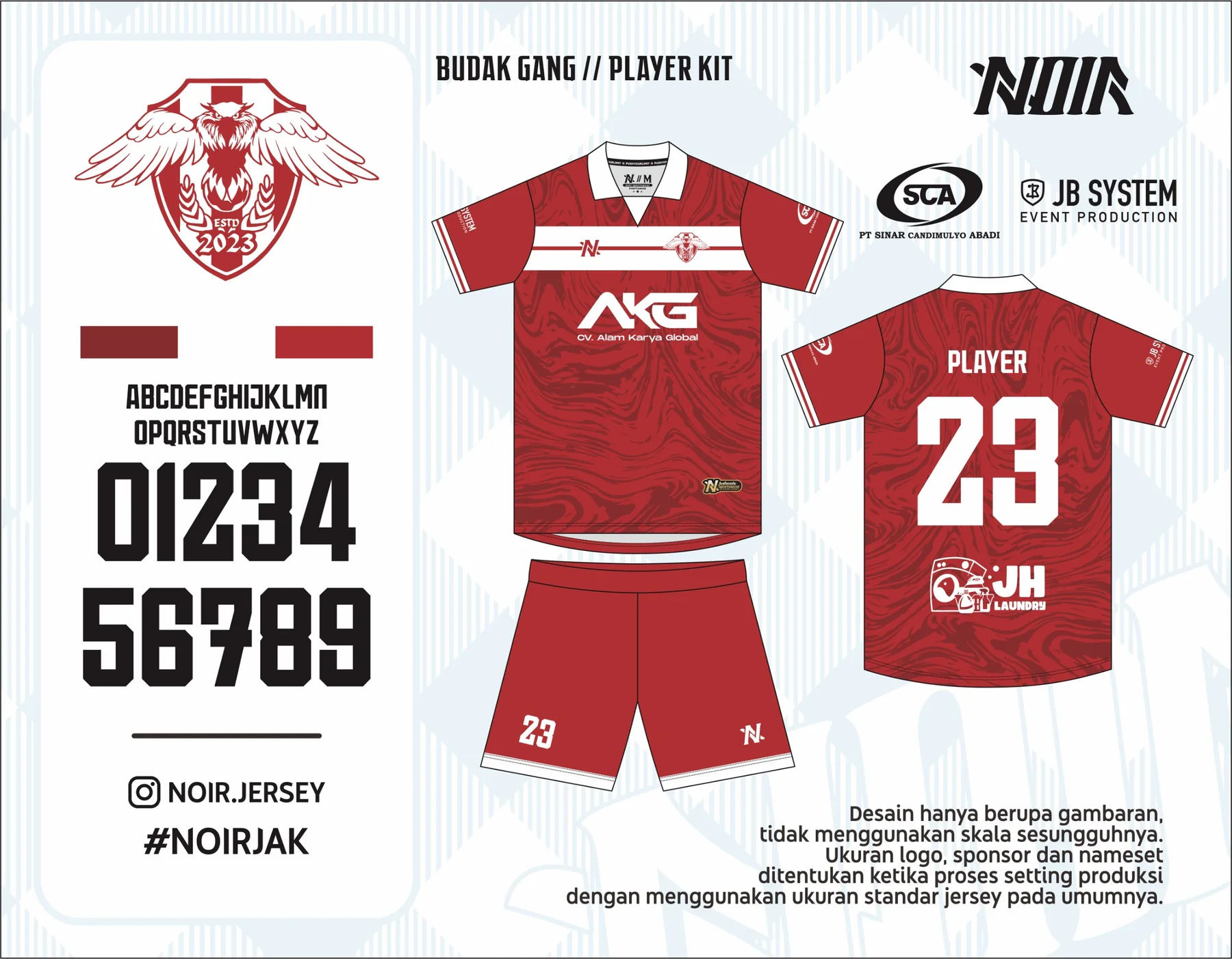 Papan desain kit tandang merah Budak Gang FC menampilkan depan, belakang, celana, warna, dan posisi sponsor