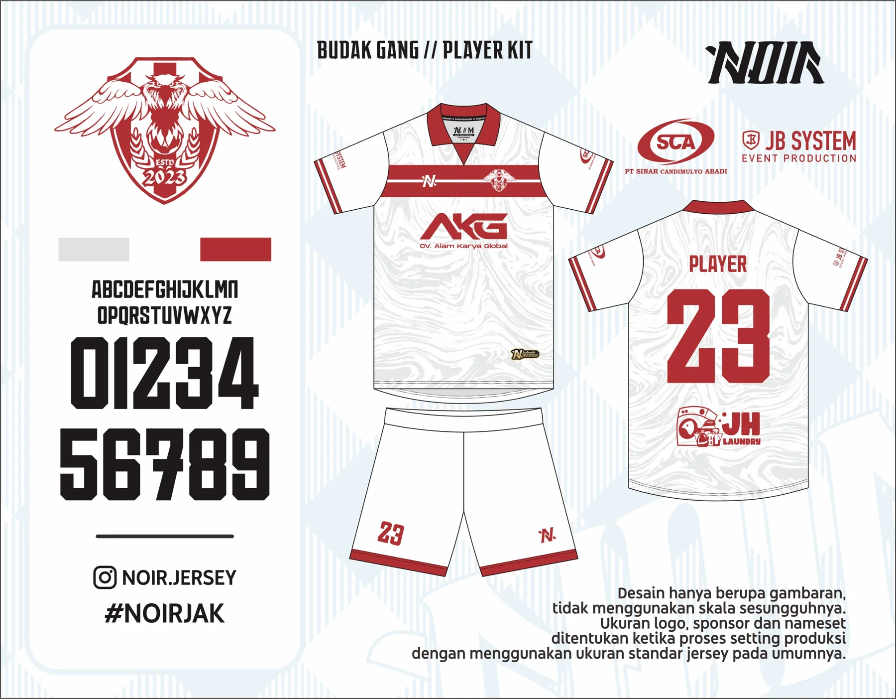Papan desain kit kandang putih Budak Gang FC menampilkan depan, belakang, celana, warna, dan posisi sponsor