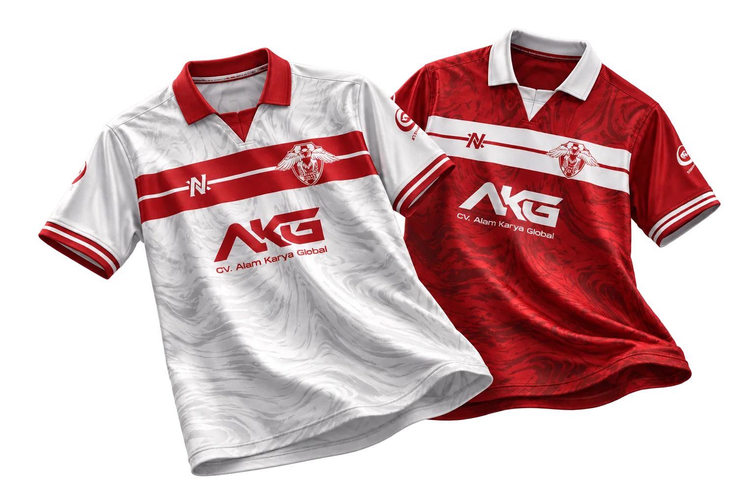 Mockup transparan kit kandang putih dan kit alternatif merah Budak Gang FC