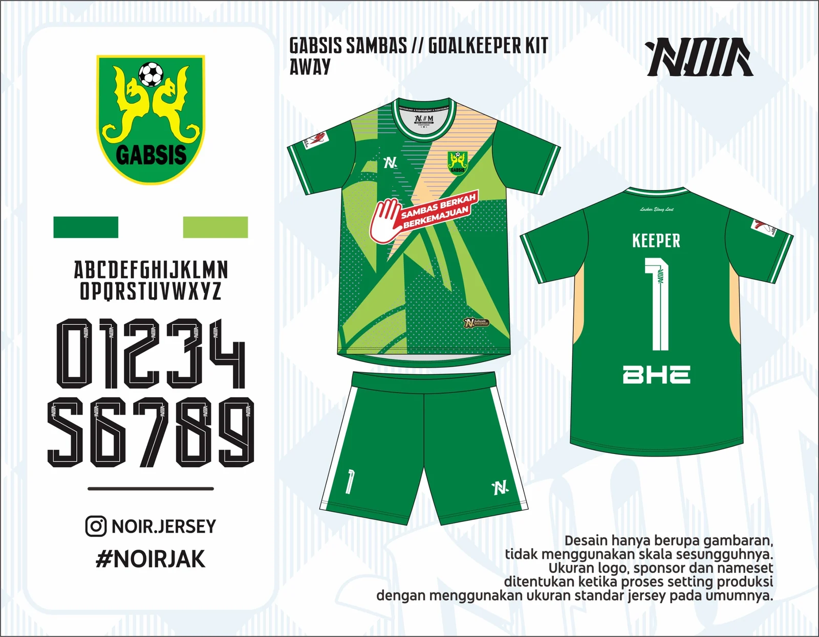 Mockup desain NOIR kit kiper tandang hijau Gabsis Sambas, depan dan belakang