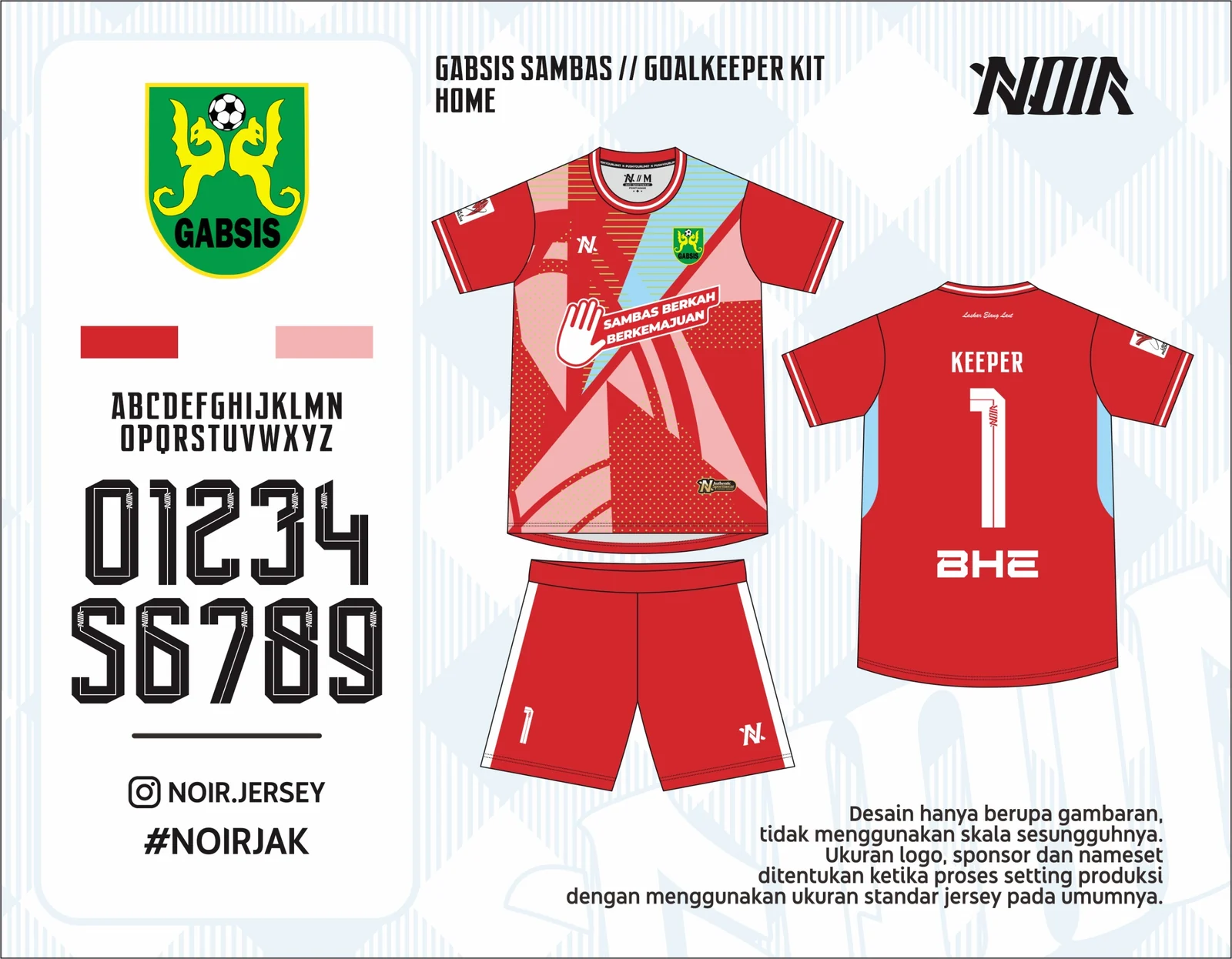 Mockup desain NOIR kit kiper kandang merah Gabsis Sambas, depan dan belakang