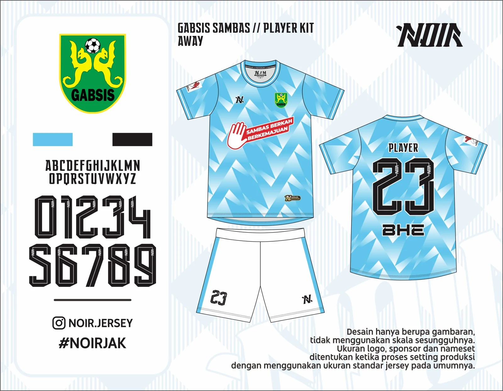 Mockup desain NOIR kit tandang pemain biru langit Gabsis Sambas, depan dan belakang