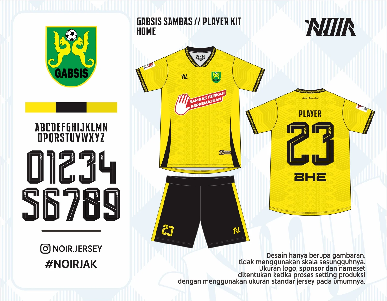 Mockup desain NOIR kit kandang pemain kuning-hitam Gabsis Sambas, depan dan belakang