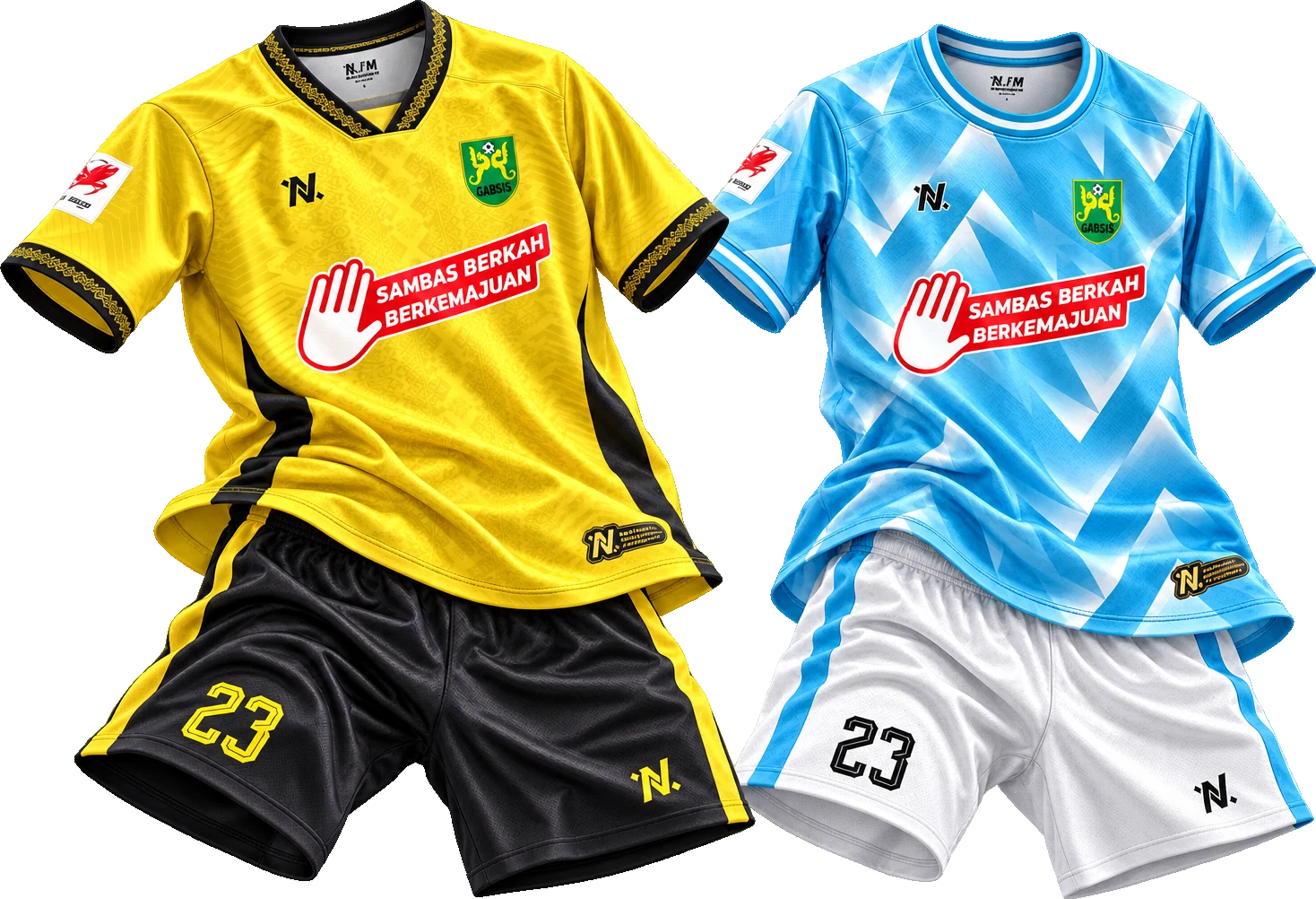 Mockup kit kandang kuning-hitam dan kit tandang biru langit-putih Gabsis Sambas, masing-masing dengan tanda Sambas Berkah Berkemajuan di dada