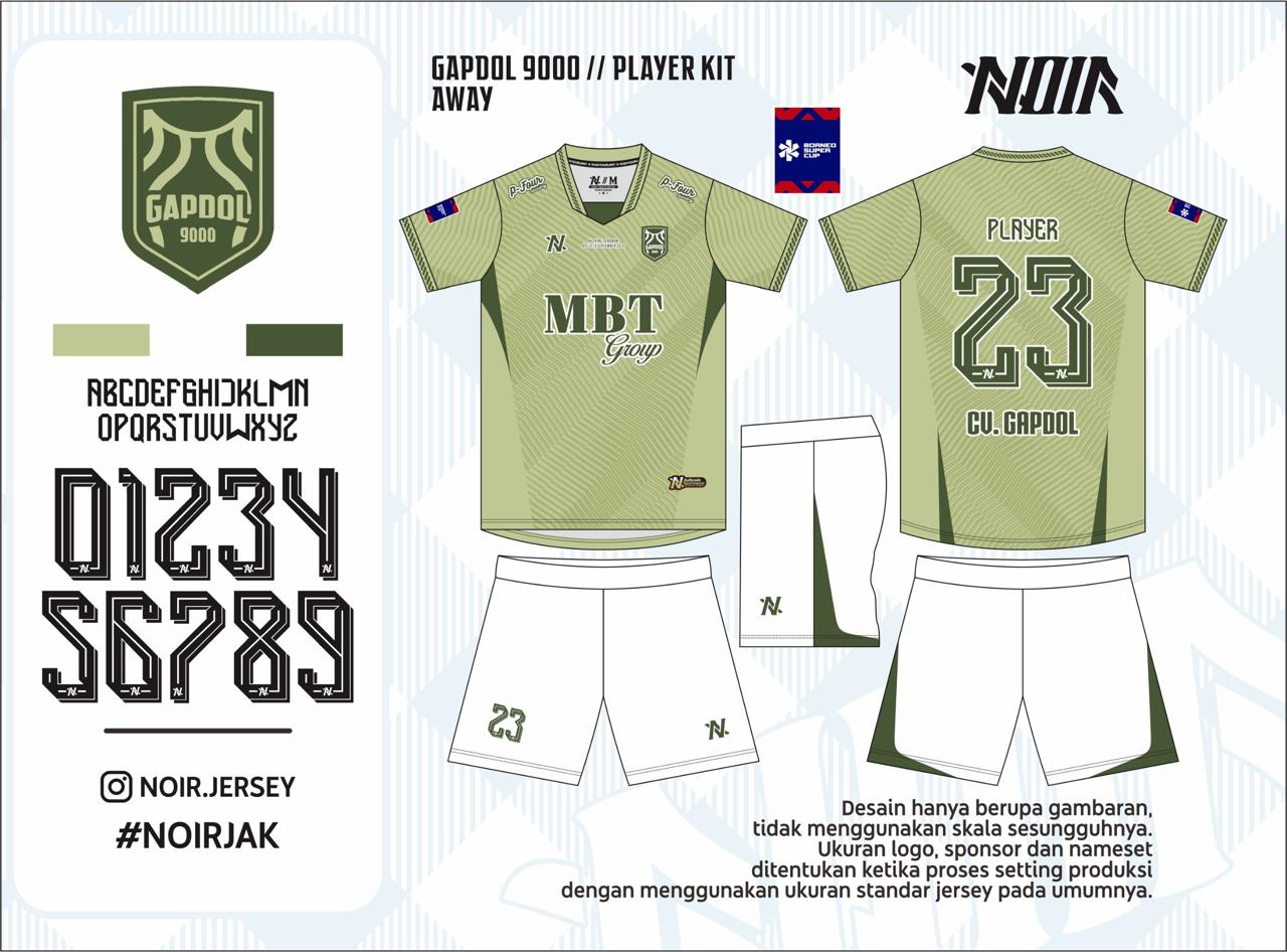 Mockup desain NOIR kit tandang olive Gapdol 9000, termasuk depan, belakang, celana, dan kaos kaki