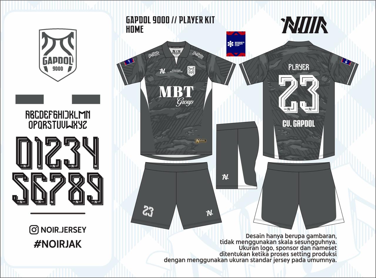 Mockup desain NOIR kit kandang charcoal Gapdol 9000, termasuk depan, belakang, celana, dan kaos kaki