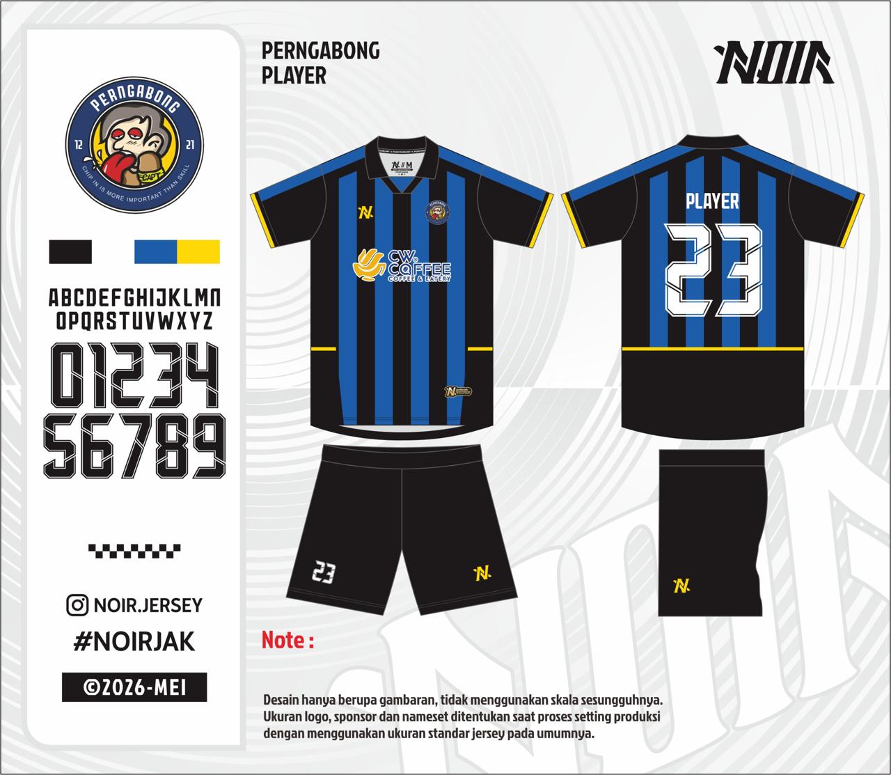 Mockup desain NOIR kit tandang kuning-biru dongker Perngabong, tampak depan dan belakang