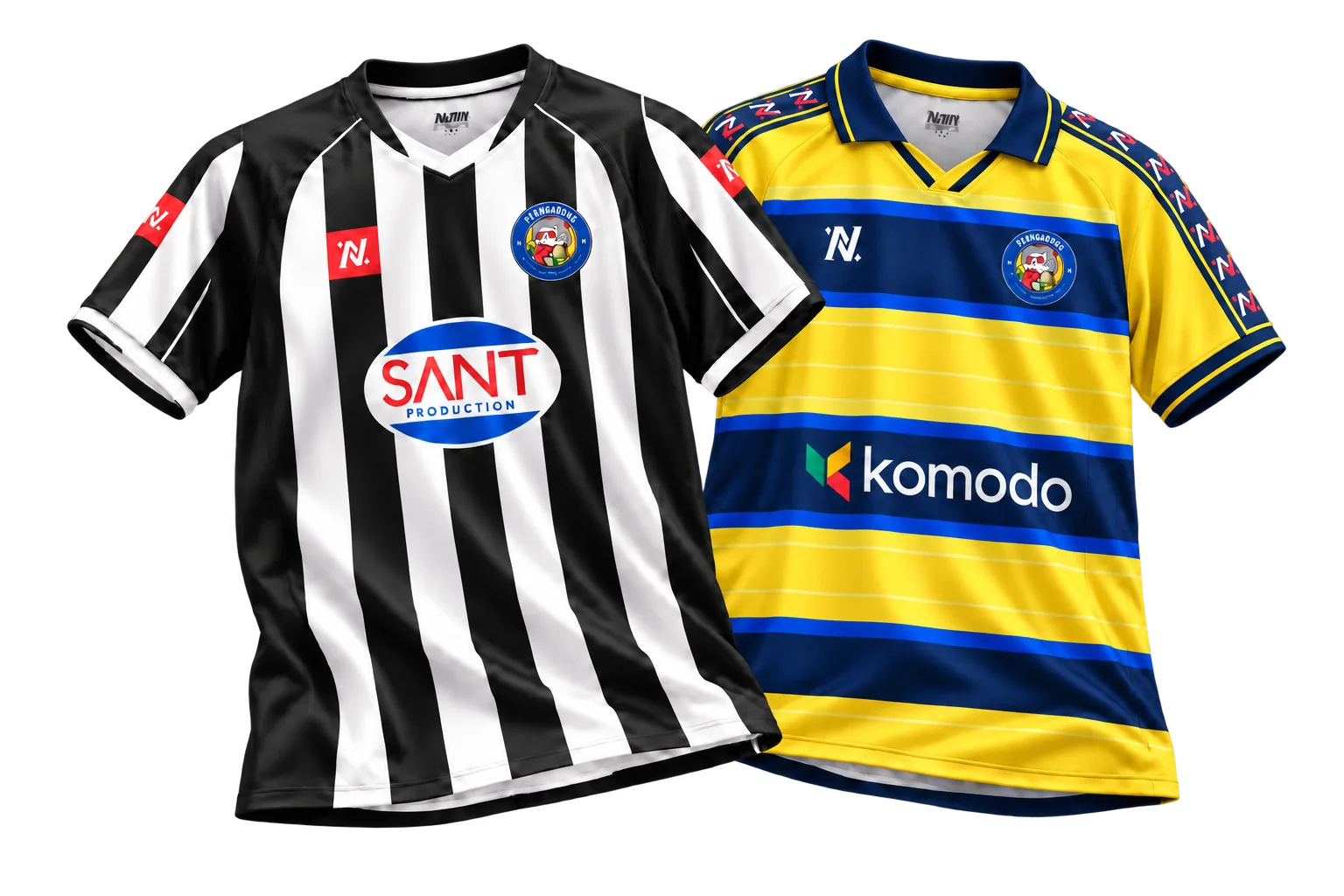 Mockup transparan jersey kandang belang hitam-putih dan jersey tandang kuning-biru dongker Perngabong dengan Komodo