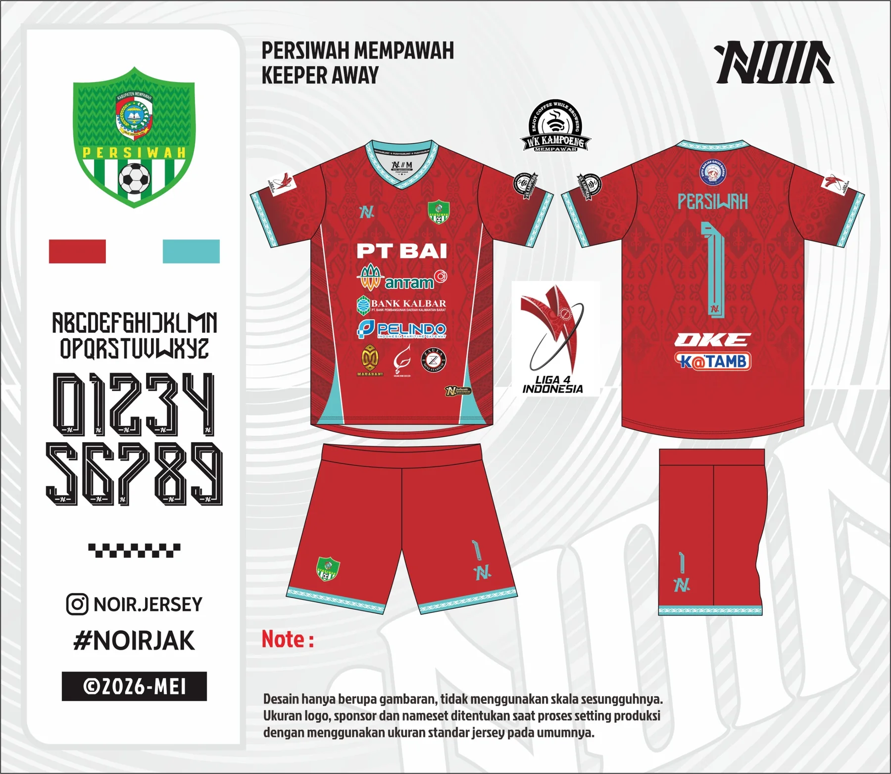Papan desain NOIR kit tandang kiper Persiwah: jersey merah, detail tosca, tampak depan dan belakang, celana, dan kaos kaki