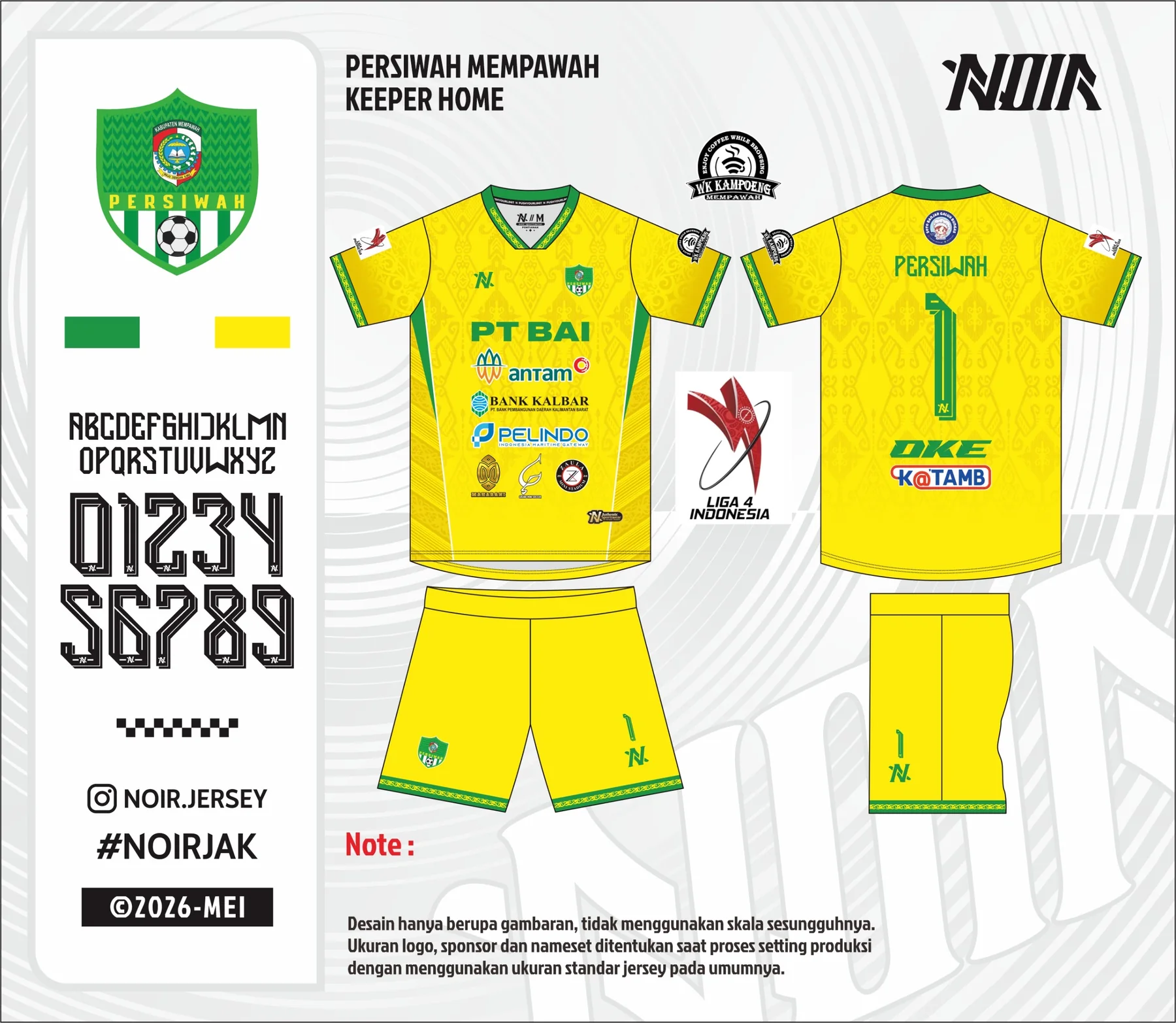 Papan desain NOIR kit kandang kiper Persiwah: jersey kuning, detail hijau, tampak depan dan belakang, celana, dan kaos kaki