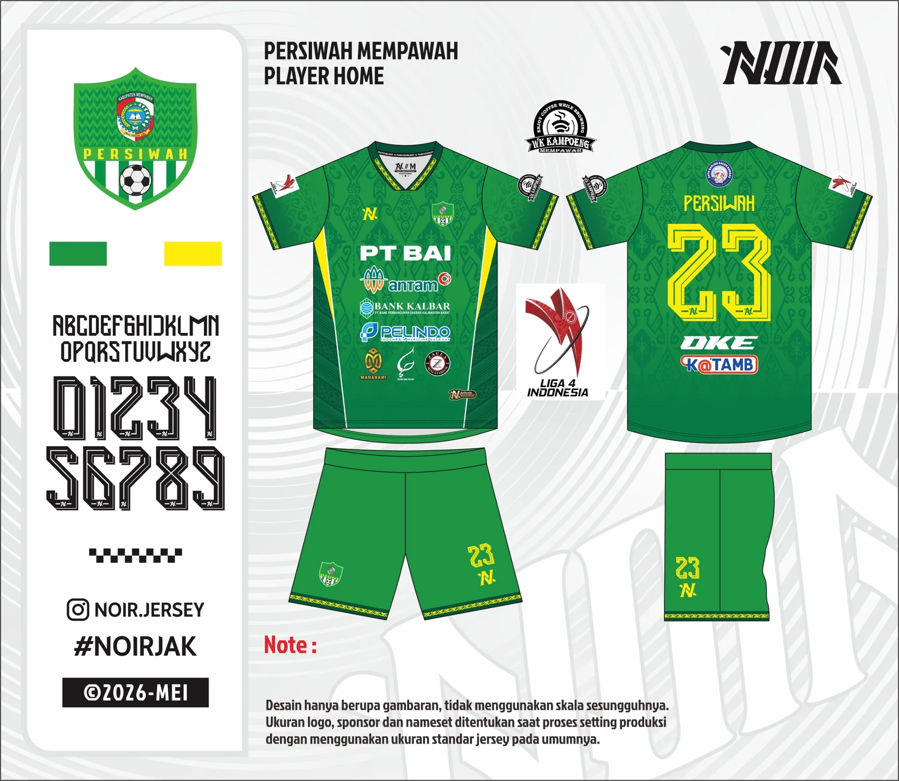 Papan desain NOIR kit kandang pemain Persiwah: jersey hijau, detail kuning, tampak depan dan belakang, celana, dan kaos kaki